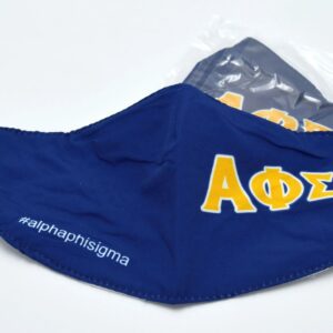 Blue face mask with Greek letters design.