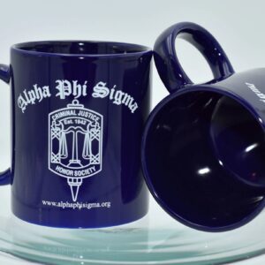 Blue mugs with Alpha Phi Sigma logo.