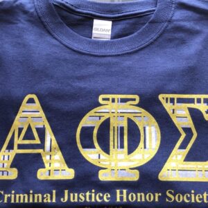 Blue shirt with Criminal Justice Honor Society.