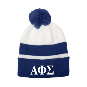 White and navy pompom beanie with Greek letters