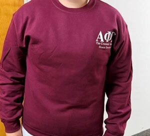 Maroon sweatshirt with white Greek letters