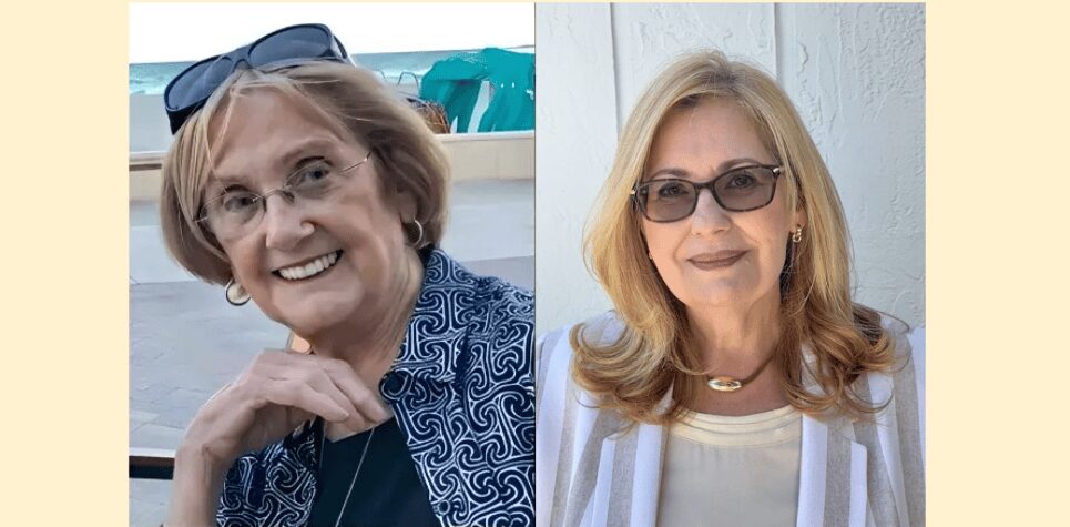 Two smiling women wearing glasses, side by side